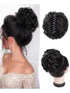 Messy Bun Hair Piece, Fake Hair Bun Hair Pieces for Women, Clip on Bun Synthetic Extensions Wavy Curly Hairpieces for Women for Daily Party Wedding (Natural Black)