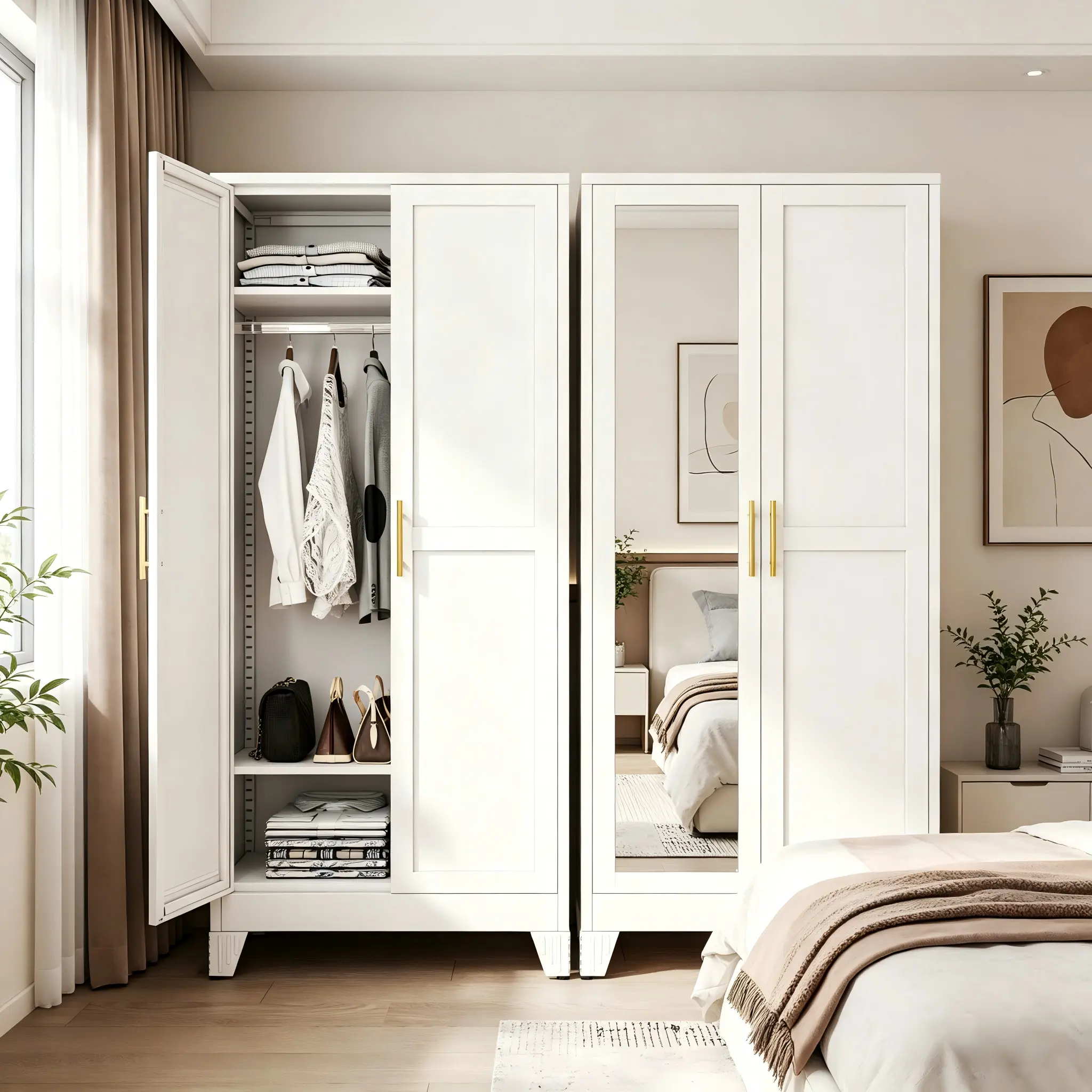 Metal Clothing Storage Wardrobe with Mirror, 71" Armoire Closet with 2 Mirror Doors, Adjustable Shelves & Hanging Rod for Bedroom