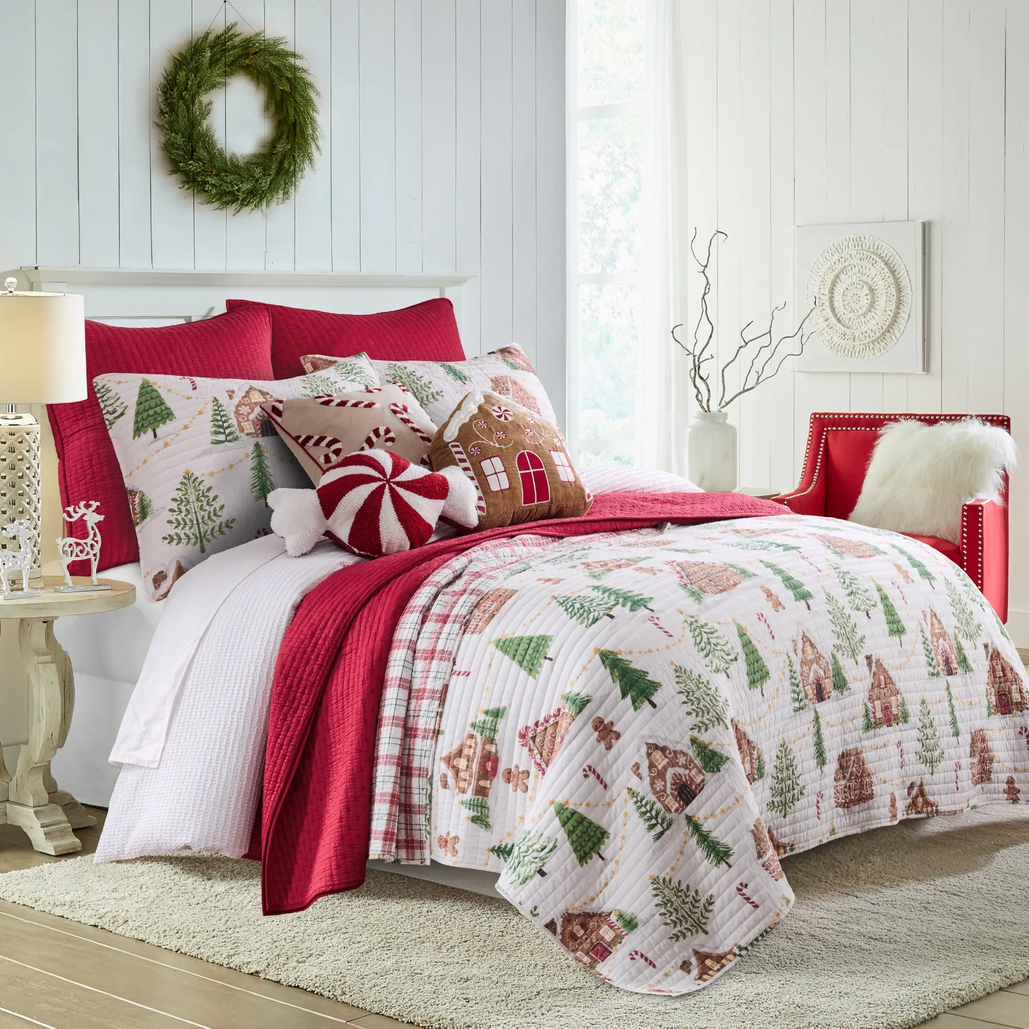 Levtex Home Gingerbread Village Stitched Quilt, Soft Warm Bedding, Quilted Print Design, Holiday Decor Textile
