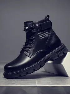 Men's British Style Classic Work Boots | Height Increase Leather Shoes | Vintage High-Top Design Rubber Walking Shoes Footwear