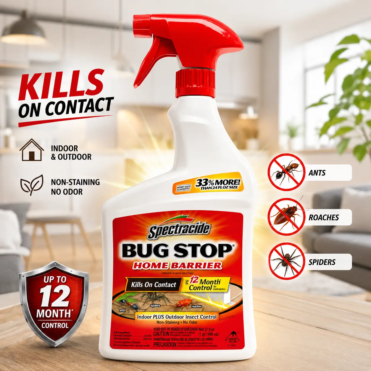 Spectracide Bug Stop Home Barrier, 32 oz Ready-To-Use Pest Control for Indoor & Outdoor Multi-Insect Elimination