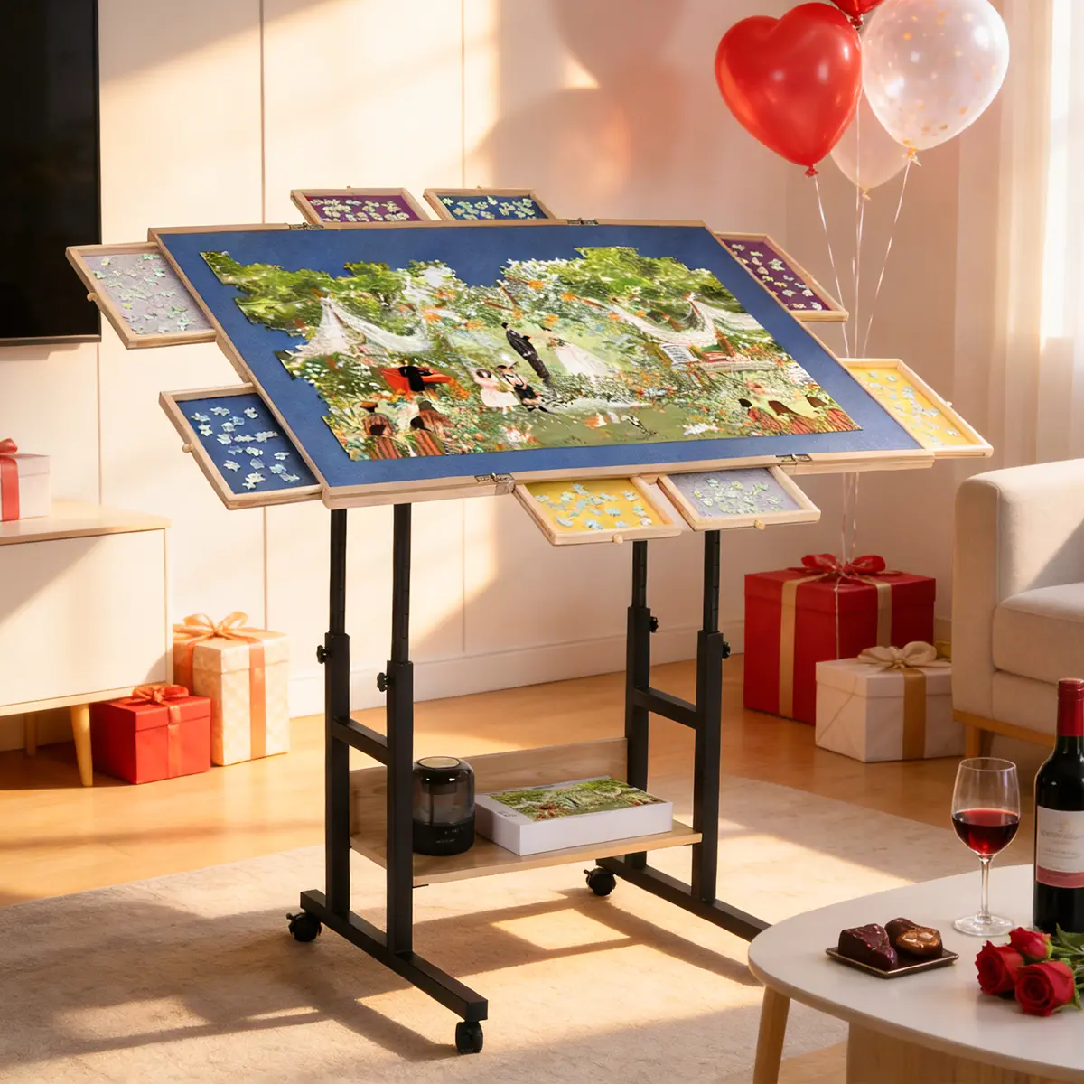 FUNTOK 1500/2000 Piece Puzzle Table with Wheels for Adults, Folding Wooden Puzzle Board Tables with Drawers, 360° Rotation, Adjustable Height, 5-Tilting-Angle, Transparent Cover, Non-Slip Felt Surface, Valentine's Day, Rotating Puzzle Board