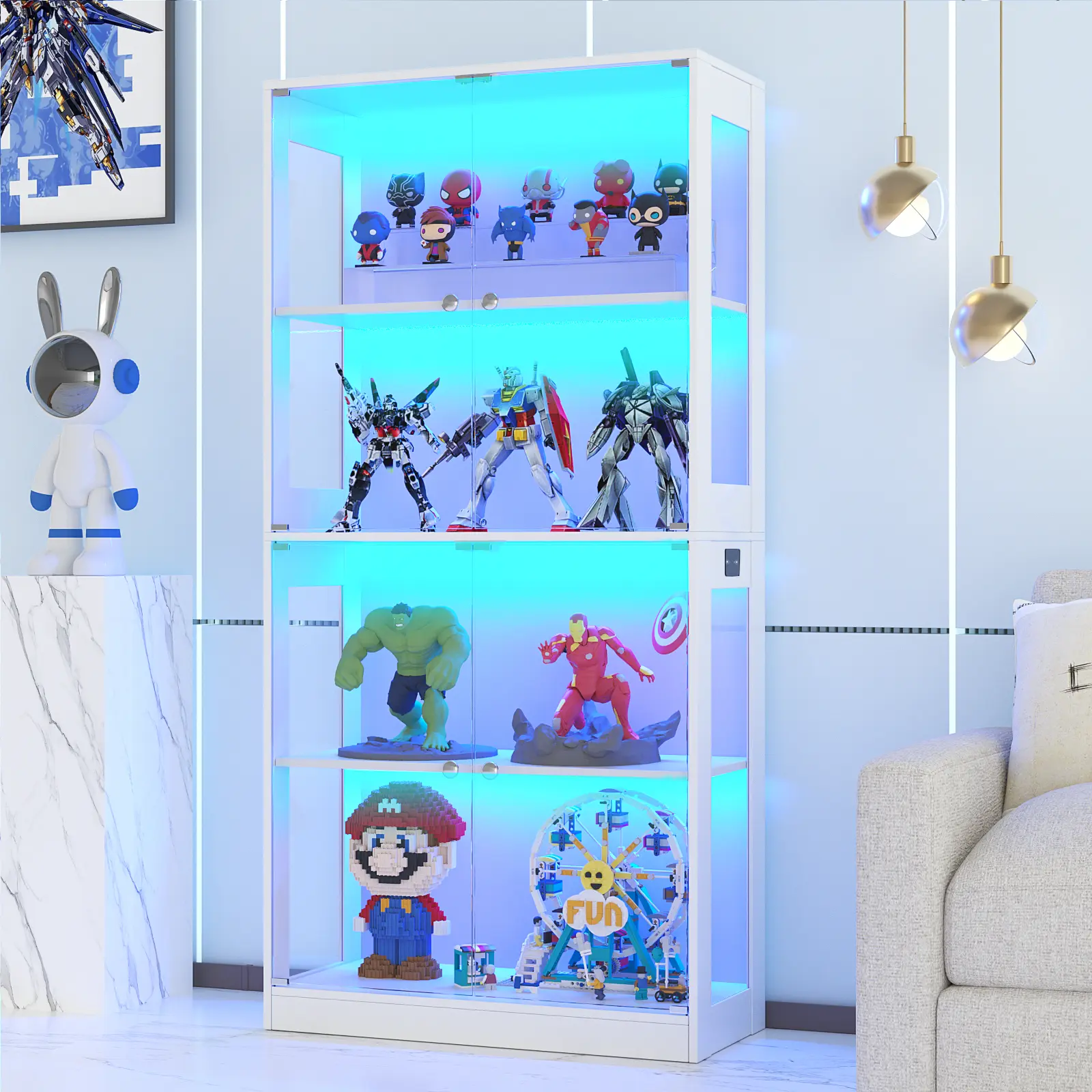 VOWNER Display Cabinet with Glass Door 4-5-Tier Curio Cabinet for Collectibles Trophy Glass Display Case with Human Body Sensor 3 Color Lights Bookcase Storage Cabinets for Living Room Study