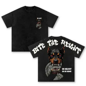 Bite The Weight Oversized Washed T-Shirt, Doberman Gym Graphic Tee, Go Heavy Or Go Home Workout Pump Cover Streetwear Shirt for Men