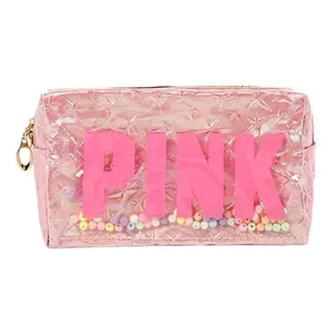Jelani Couture Pink Cosmetic Bag with Sparkling Bead Detail and Gold Zipper Closure