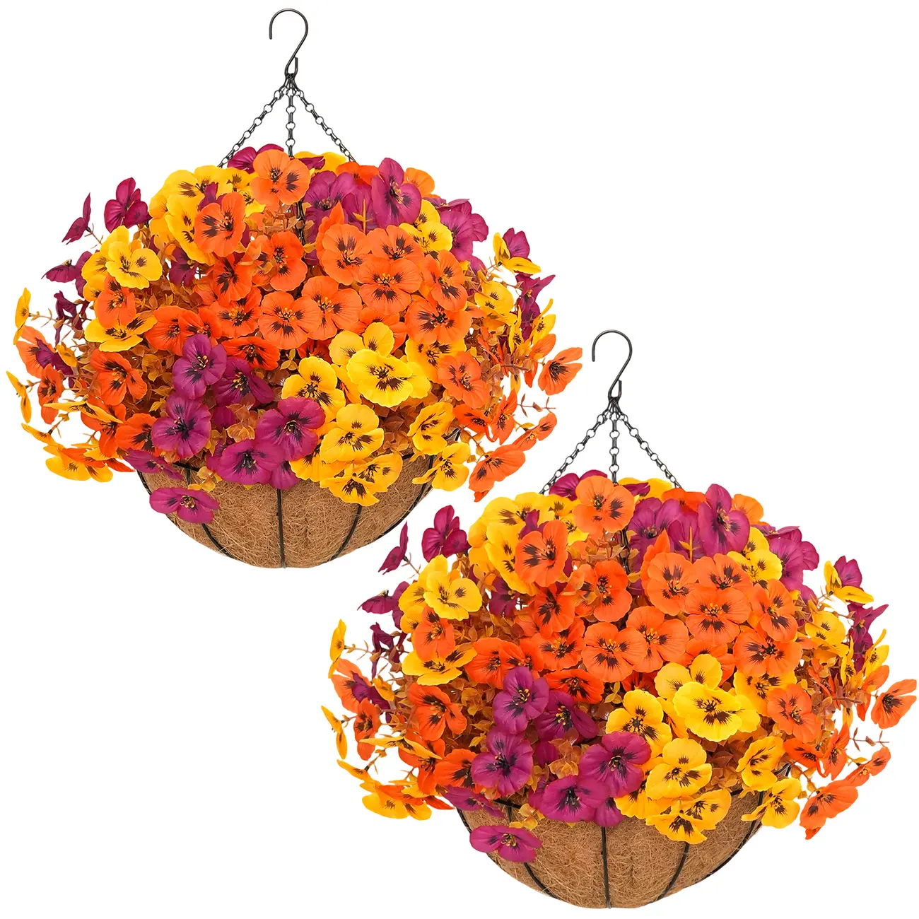 2pcs Artificial Hanging Flowers Baskets with 24 Realistic Pansies & Eucalyptus - UV-Resistant Outdoor/Indoor Fall Decor for Porch, Patio, Balcony, Yard - Includes Hanging Baskets & Greenery summerwins
