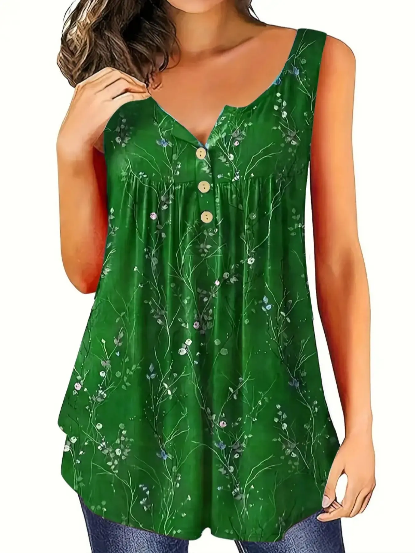 Elegant Plus Size Open Front Buttoned Casual Boho Notched Neck Ruched Ditsy Floral Fitted Vest Top, Fashionable European and American Style, Women's Casual Summer Wear, Elegant Fitted Sleeveless Design, Boho Chic Sleeveless