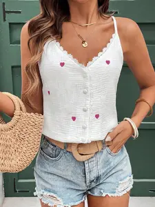 A women's white camisole with lace trim, heart prints, Casual Soft Sleeveless, featuring a casual style. It is perfect for light and comfortable occasions that bring out a youthful feel, such as summer shopping, beach vacations