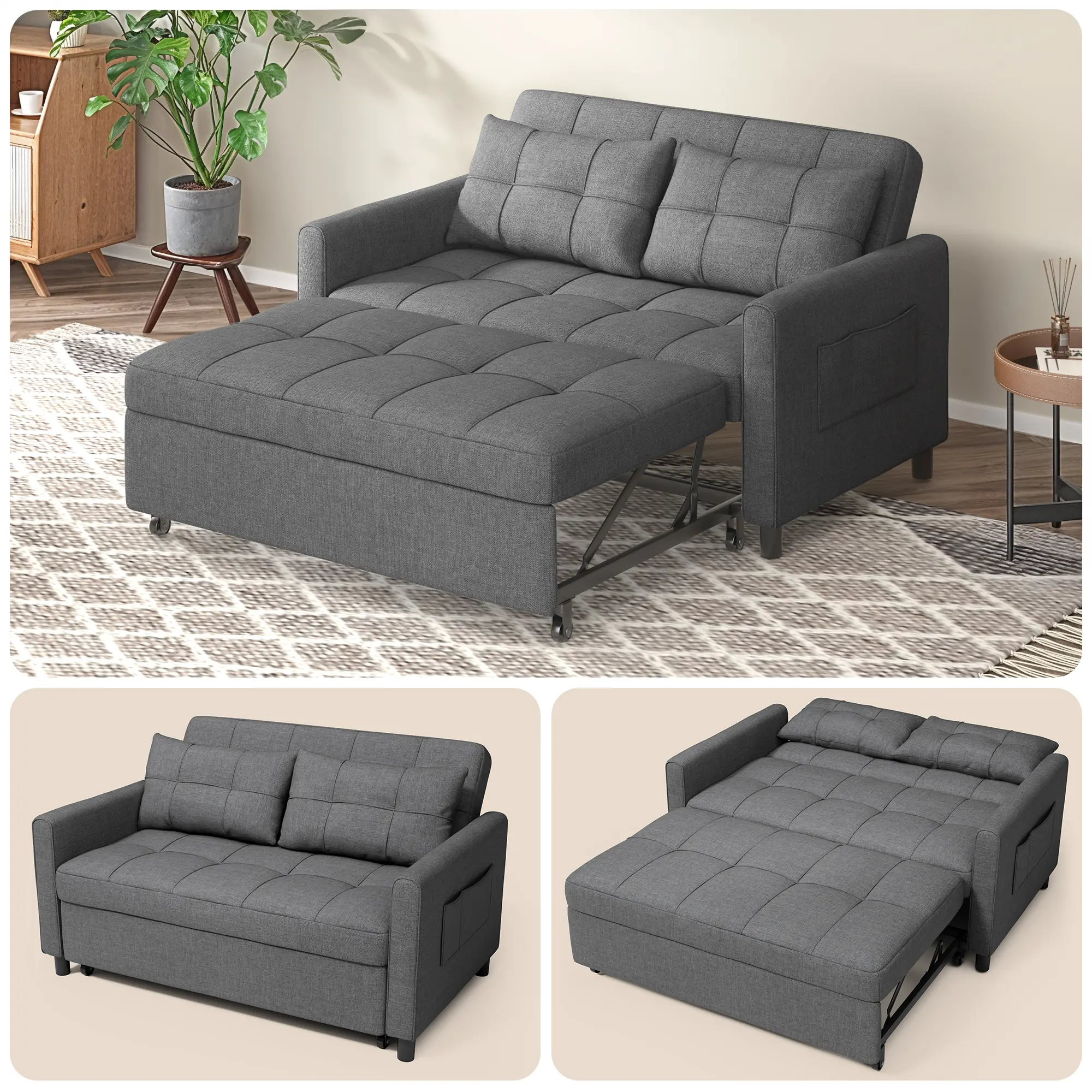 Gizoon 3 in 1 Sofa Bed 52.4 Inch Convertible Pull Out Couch Loveseat Sleeper Sofa with Two Pillows Small Sofa Couches for Small Spaces Apartment Living Room Bedroom Dark Grey,dorm essentials,home decor