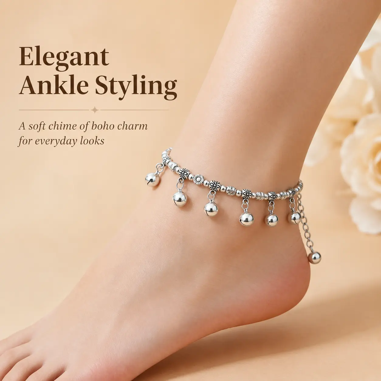 Silver Floral Bell Charm Ankle Bracelet for Girls and Youth, Adjustable Boho Anklet (22-27 cm), Perfect Gift for Women, Girl, Feminine, 8 Mm Bell Diameter, Women/Girls