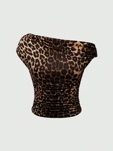 Women's Leopard Print Off-the-Shoulder Ruched Fitted Top
