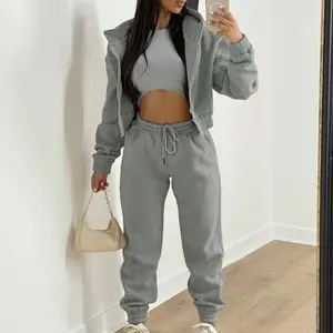 Women 3 Piece Sets Casual Long Sleeve Zip Hoodies+Ribbed Tank+High Waist Sweatpants Jogger Pant Suits Sporty Three Pieces Outfit tracksuit set Can be used with a raincoat