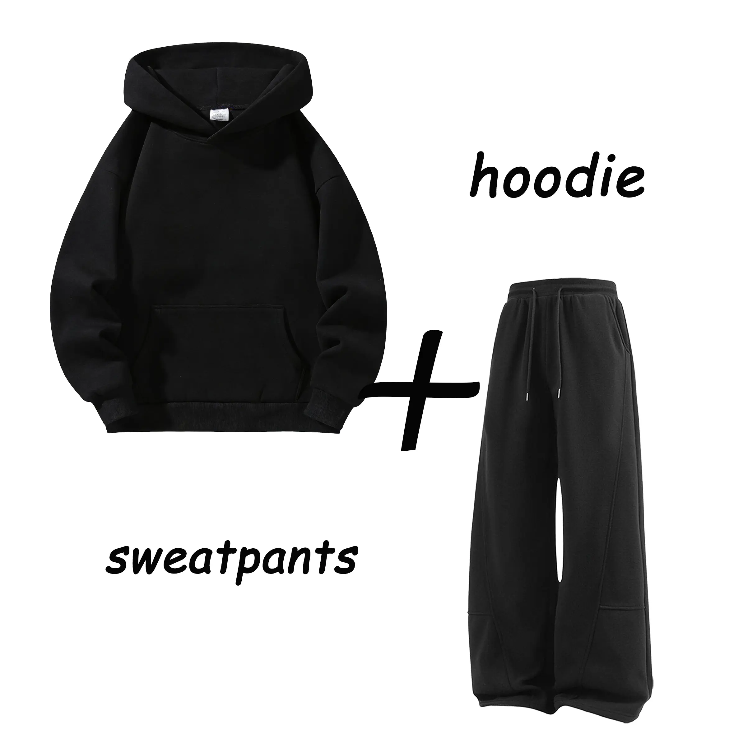 Men's 2-Piece Baggy Oversized Athletic Menswear Set - Long Sleeve Solid-Color Hooded Sweatshirt with Kangaroo Pocket, Wide Drawstring Elastic Waistband Sweatpants, Suitable for Daily Commuting, Campus, Plain, Casual, Stylish, Clothes