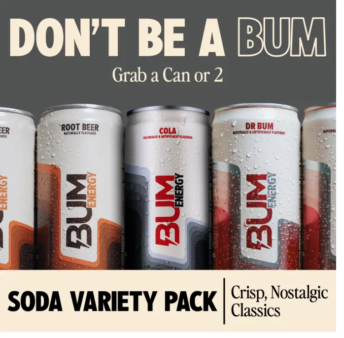 Bum Energy Soda Pack Energy Drink, 112 mg Natural Caffeine, 12 fl oz,12 Pack