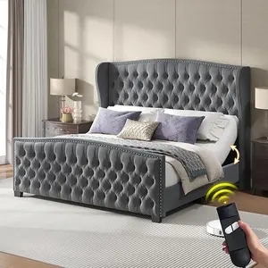 【Ships in 2 Boxes】AMERLIFE Adjustable Bed Frame, 50.8" H Velvet Upholstered Bed with Wingback Headboard and Deep Button Tufting, Platform Bed Frame with Dual Motor and Remote Control, No Box Spring Needed