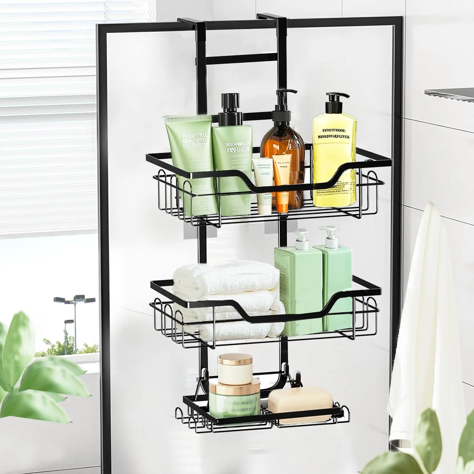 3-Tier Stainless Steel Over-the-Door Wall Bathroom Organizer - Waterproof Hanging Shelf with Adhesive Tape, Hollow Perforation-Free Shower Caddy, Soap Rack, Hooks, Rubber Grips, No-Drill Easy-Install for Organizing Toiletries & Beauty Products