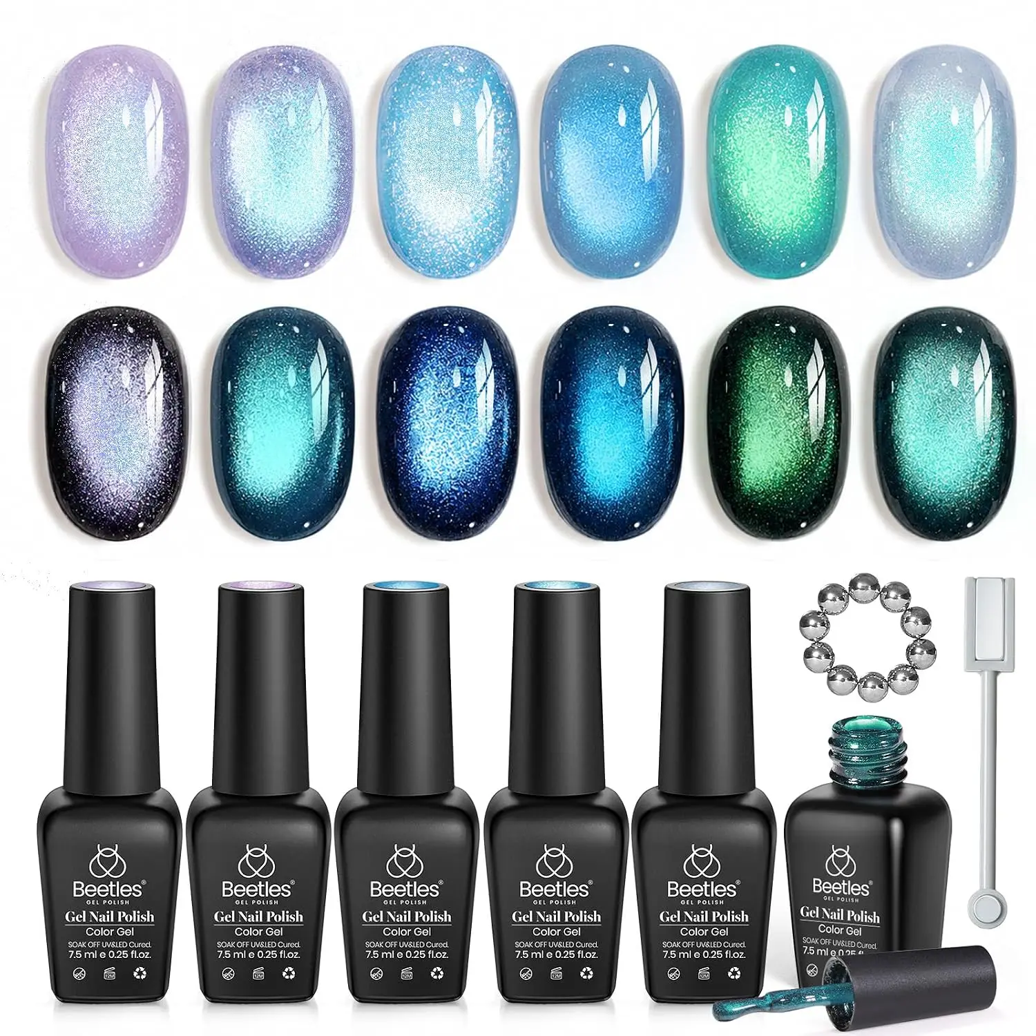 Beetles Cat Eye Gel Nail Polish Set, 6 Colors Magnetic Glitter Gel Polish Kit, Soak Off UV Gel Nail Art Set, Multiple Color Collections for DIY Home Salon Manicure, Gift for Women Girls, Spring Summer Nails #SummerVibes