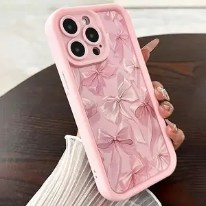 Pink Bow Pattern Silicone Phone Case with Butterfly Charm Cover for iPhone 16 17 Pro Max 15 14 13 12 11 Pro Max 16E X XS XR 7 8 Plus - Protector & Screen Protector with Charming Butterfly Charm - Protection Protective Cellphone Smartphone Casing
