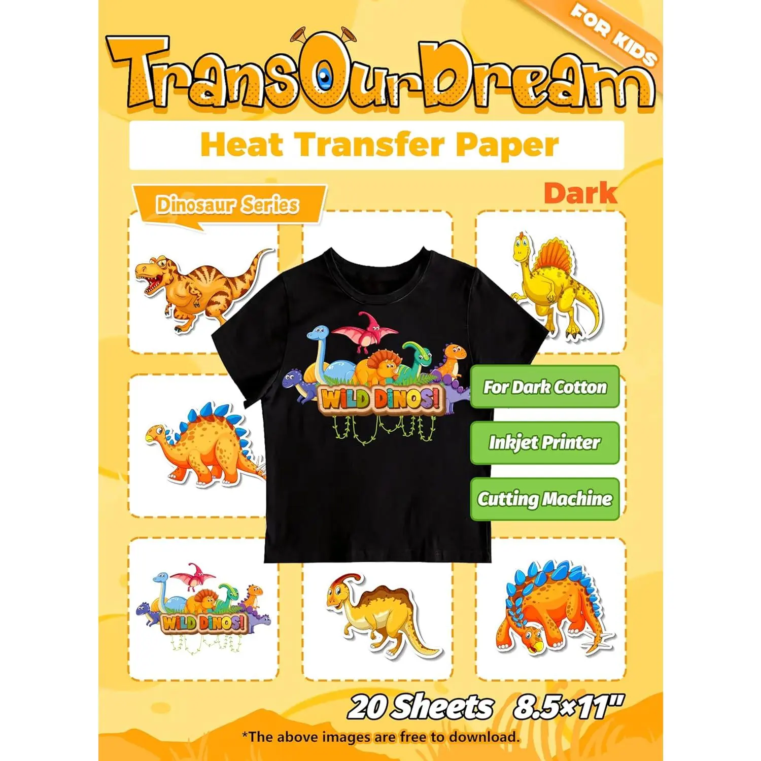 Dark Heat Transfer Paper for Inkjet Printer (20 Sheets, 8.5x11") Iron on Transfers for Dark Fabric, Printable Heat Transfer Vinyl for T Shirts, Stretchable & Washable
