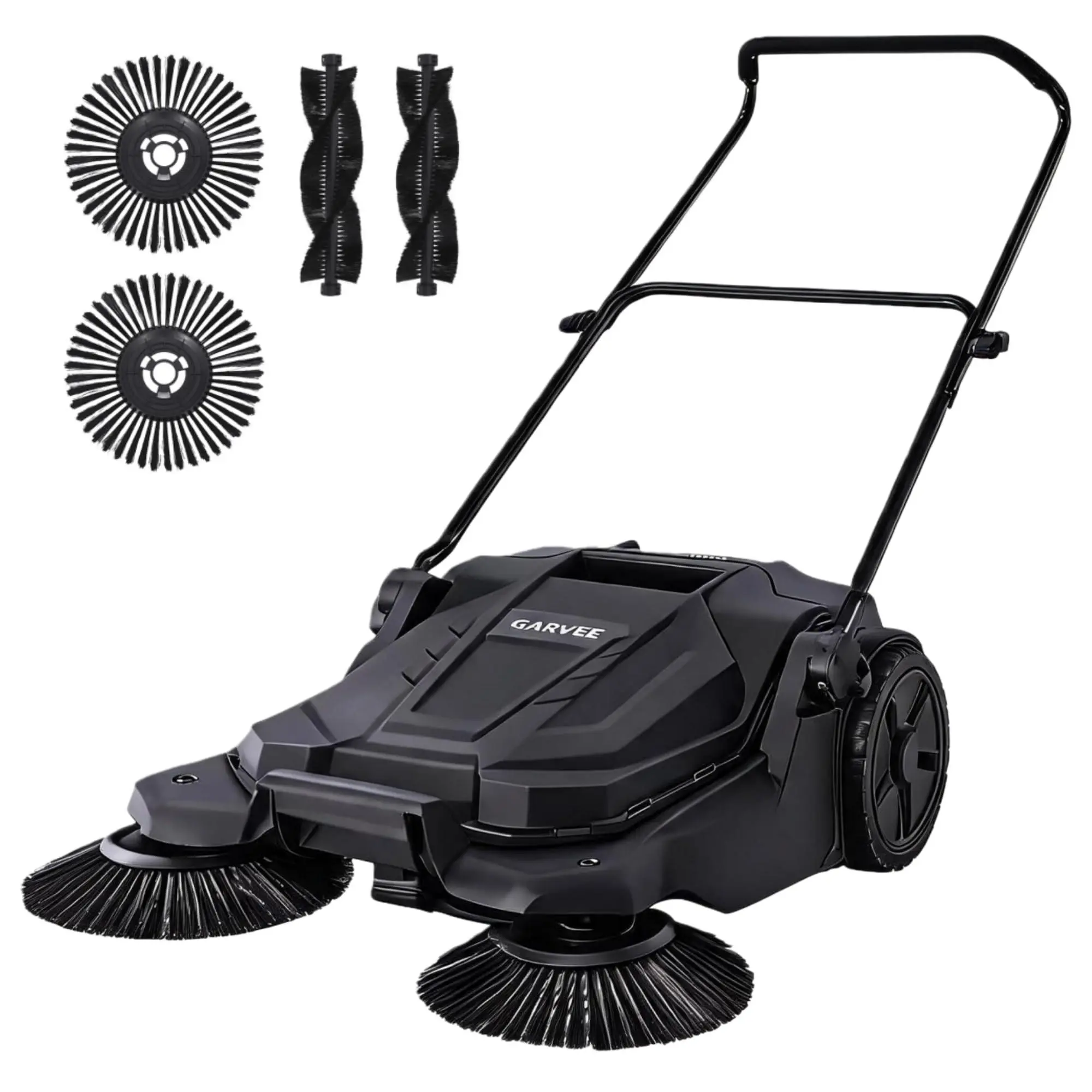 Walk-Behind Hand Push Floor Sweeper 25.6 Inch Sweeping Width Manual Non-Electric, 5-Gallon Waste Container Adjustable Folding Handle for Garage Workshop Driveway Patio