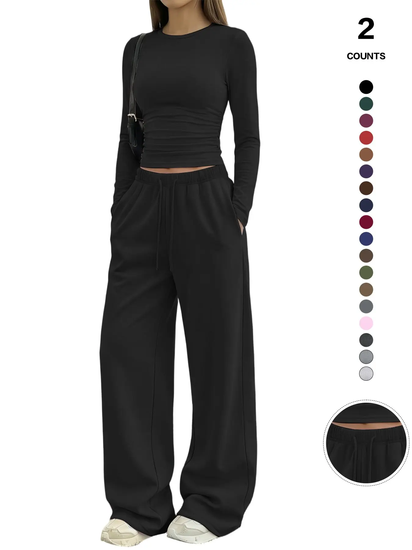 Women's Solid Ruched Drawstring Loungewear Set, Casual Long Sleeve Round Neck Top & Pocket Wide Leg Trousers, Spring Summer Sleepwear Pajama Set Women's Solid Ruched Drawstring Loungewear Set, Casual Long Sleeve Round Neck Top & Pocket Wide Leg Trousers, Spring Summer Sleepwear Pajama Set