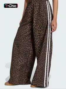 Women's Leopard Print Wide Leg Pants, High Waist Elastic Waistband, Street Style Loose Fit, Casual Summer Home Wear, Party, Casual Streetwear Pants