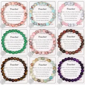 9Pcs Teacher Appreciation Bracelets Gifts for Women Men Natural Stone Adjustable Jewelry Premium Material Thank You Gift for Teachers with Red Apple Pendant Elegant High Quality