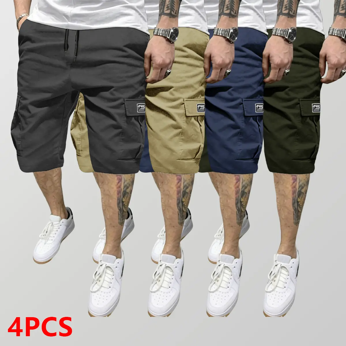 4-Piece Men's Soild Casul Shorts Set - Brown,Black ,Grey & Green - Slanted Pockets - Versatile Casual Wear - 4-Piece Bottoms for Everyday Use Menswear Overalls shorts men SpringStatements Sport Activewear