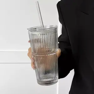 ✨ Your iced matcha's new aesthetic bestie. Fluted Glass Cup with Lid | Clear Ribbed Tumbler, Reusable Smoothie Glass, Office Desk Decor, Summer Essentials (Cup Only)