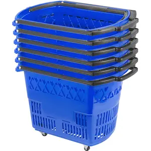 Smooth Plastic Shopping Basket Set, Pack of 6 Blue Functional Shopping Bags with Handle and Castors for Organization