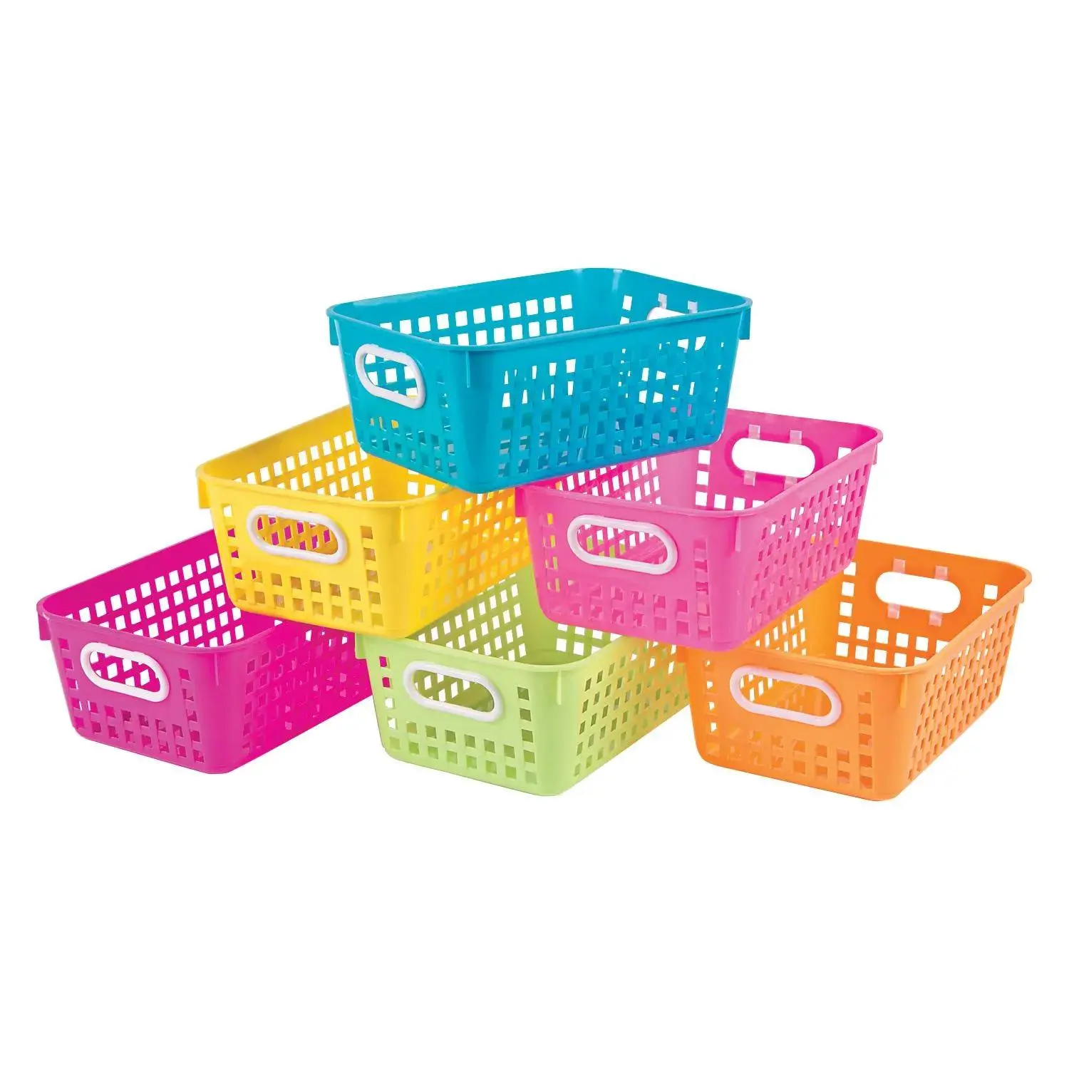 11" x 8" Tall Classroom Neon Plastic Storage Baskets with Handles - 6 Pc.