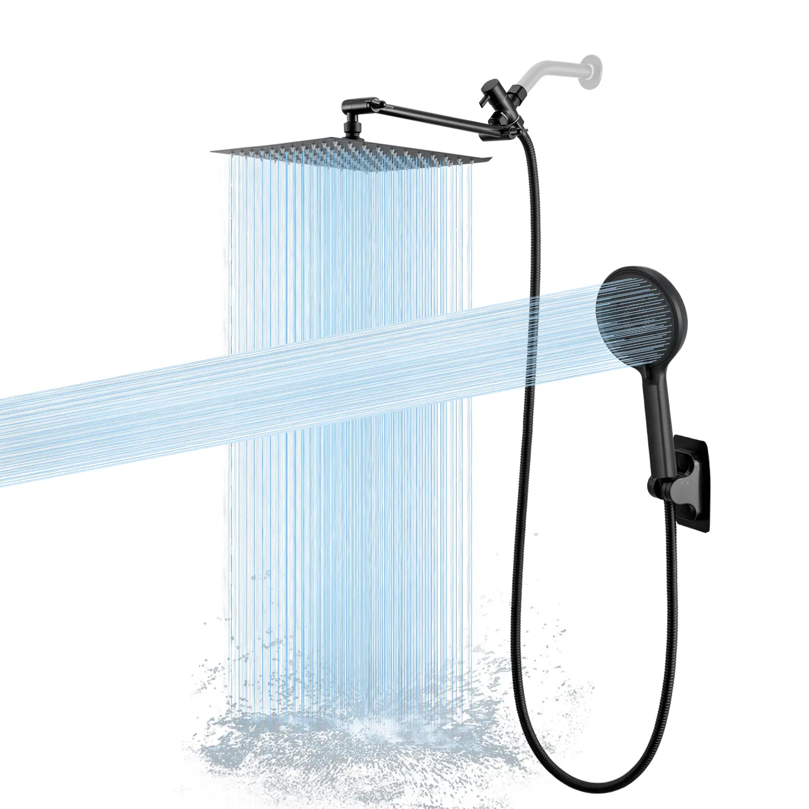 Matte Black Brass Pressurised Shower Head Set - 8/10in Wall-Mount Shower Head, 5-Mode Handheld Showerhead, Adjustable Arm, 11in Telescopic Rod