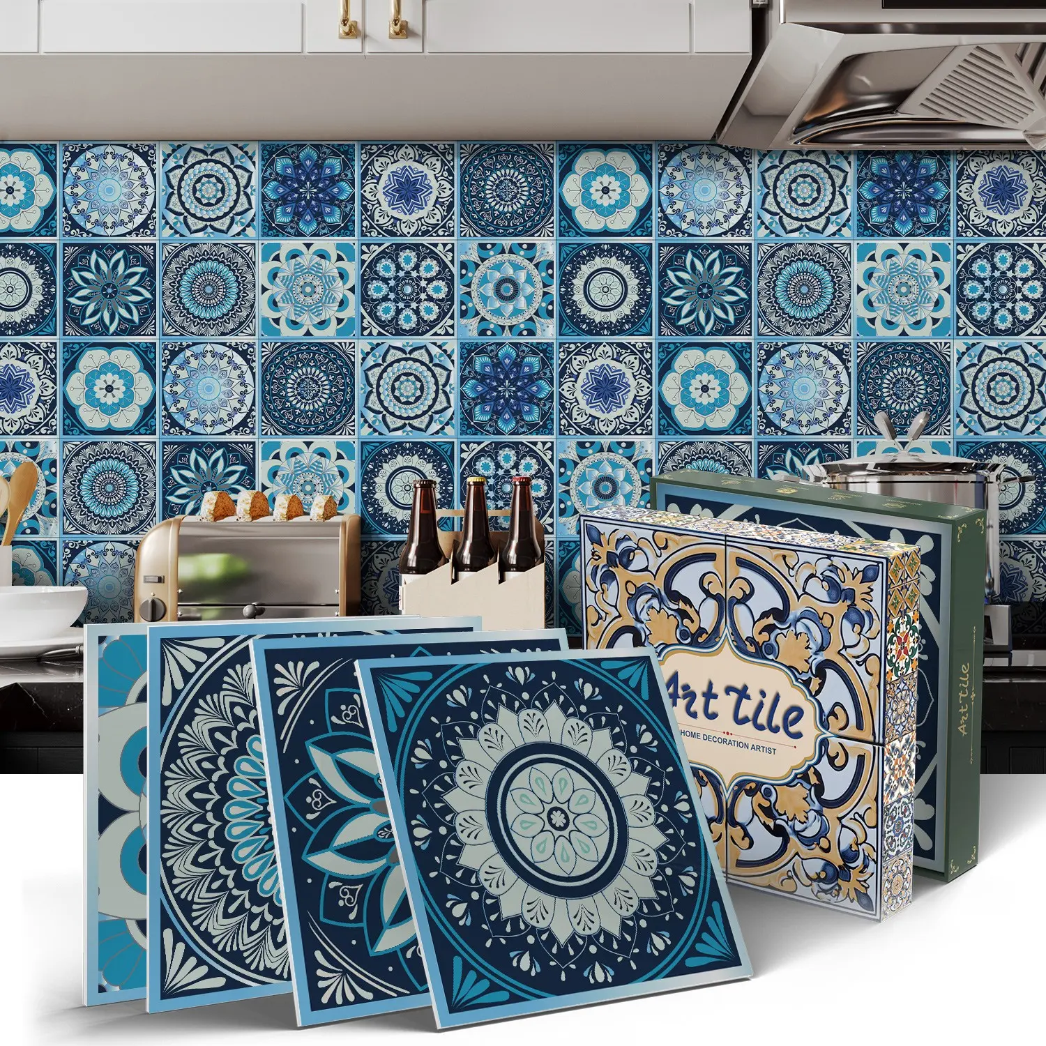 12/24PCS/Box ART PE Crystal Tile Stickers, Blue Mandala Art Tile, Kitchen, Waterproof Oil-Proof, Decorative