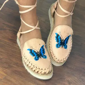 Tan Lace Up Huaraches with Blue Butterfly Design - Leather Material, Secure Fit, Comfortable & Flexible, True to Size