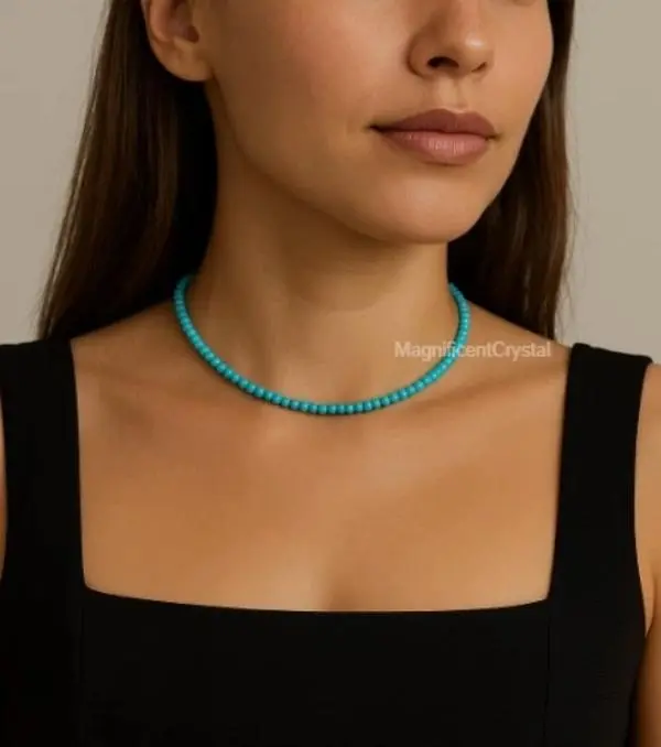 Blue Turquoise Choker Round Bead Necklace Healing Energy Jewelry Gift For Women