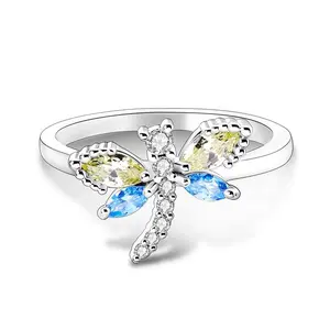 Dragonfly Sparkling Colorful CZ Ring 925 Sterling Silver Marquise Cut Animal Rings for Women Fairycore Aesthetic Trendy Jewelry Gift