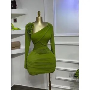 Women Long Sleeve Floral Applique Skew Collar Stacked Ruched Bodycon Midi Dress Vacation Holiday Party Birthday Dresses