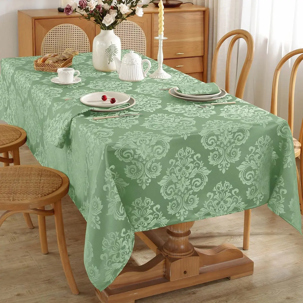 SASTYBALE Rectangle Tablecloth Floral Jacquard Damask Waterproof Wrinkle Resistant Table Cloth, Soft Fabric Table Cover for Dining, Party, Indoor, Outdoor, Sage Green