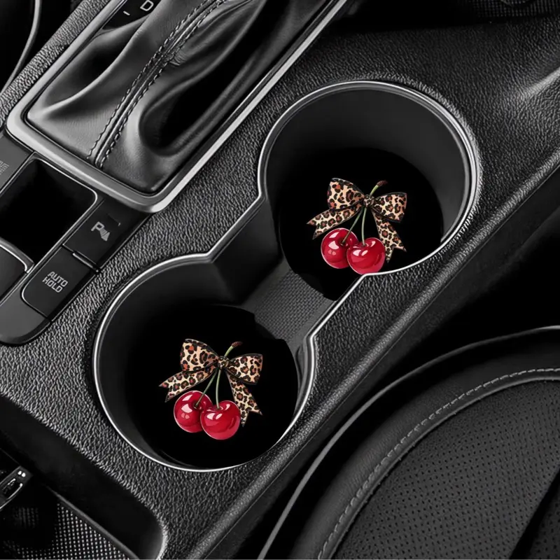 Cheetah Cherries Car Coasters Set Of 2 with Leopard Print Bow and Vibrant Cherry Design for Auto Drink Placement