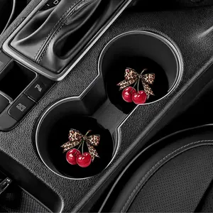 Cheetah Cherries Car Coasters Set Of 2 with Leopard Print Bow and Vibrant Cherry Design for Auto Drink Placement