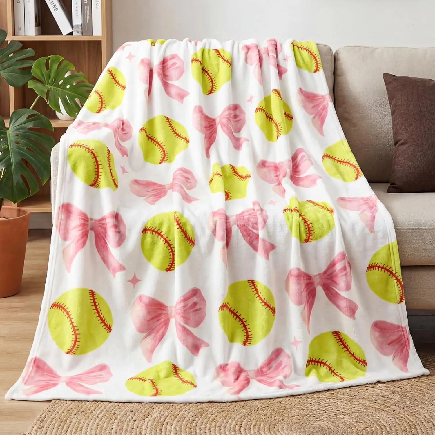Pink Softball Theme Polyester Flannel Weave Throw Blanket with Bow - Multi-Size, Glam, Cozy Chic, Machine Washable - Teen Girl Gifts, Cute Gifts for Sports Lovers - Bedding & Sofa Use