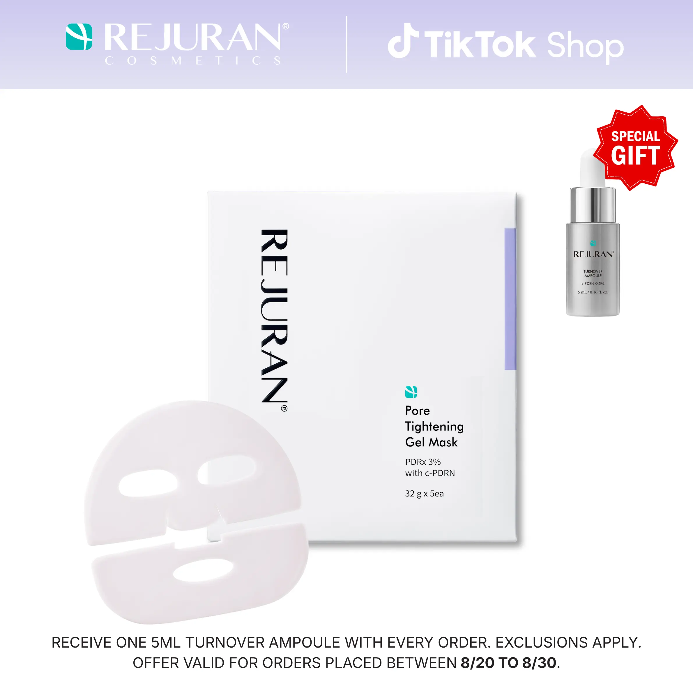 [REJURAN Cosmetics] Pore Tightening Gel Mask with DOT c-PDRN – Korean Hydrogel Face Mask for Pore Care, Elasticity Support & Smoother-Looking Skin, 5 Count