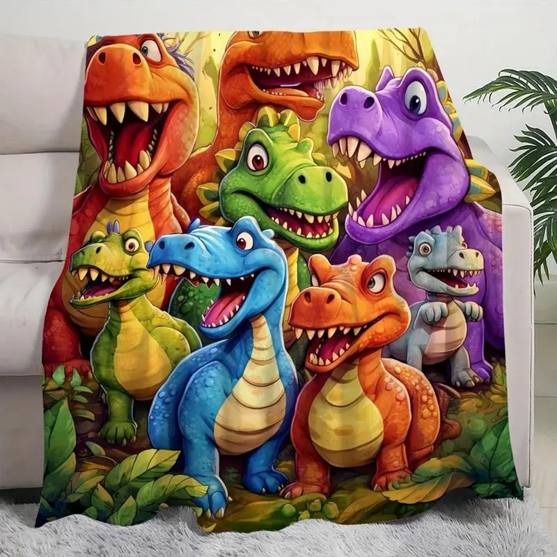 Cute Smiling Dinosaur Flannel Throw Blanket - Cute, Graphic, Illustrated, Playful Dinosaur Design Blankets - Soft, Thermo-Regulating, Lightweight All-Season Cover - Ideal for Napping, Christmas Gifts for Children, Cute Character Blankets