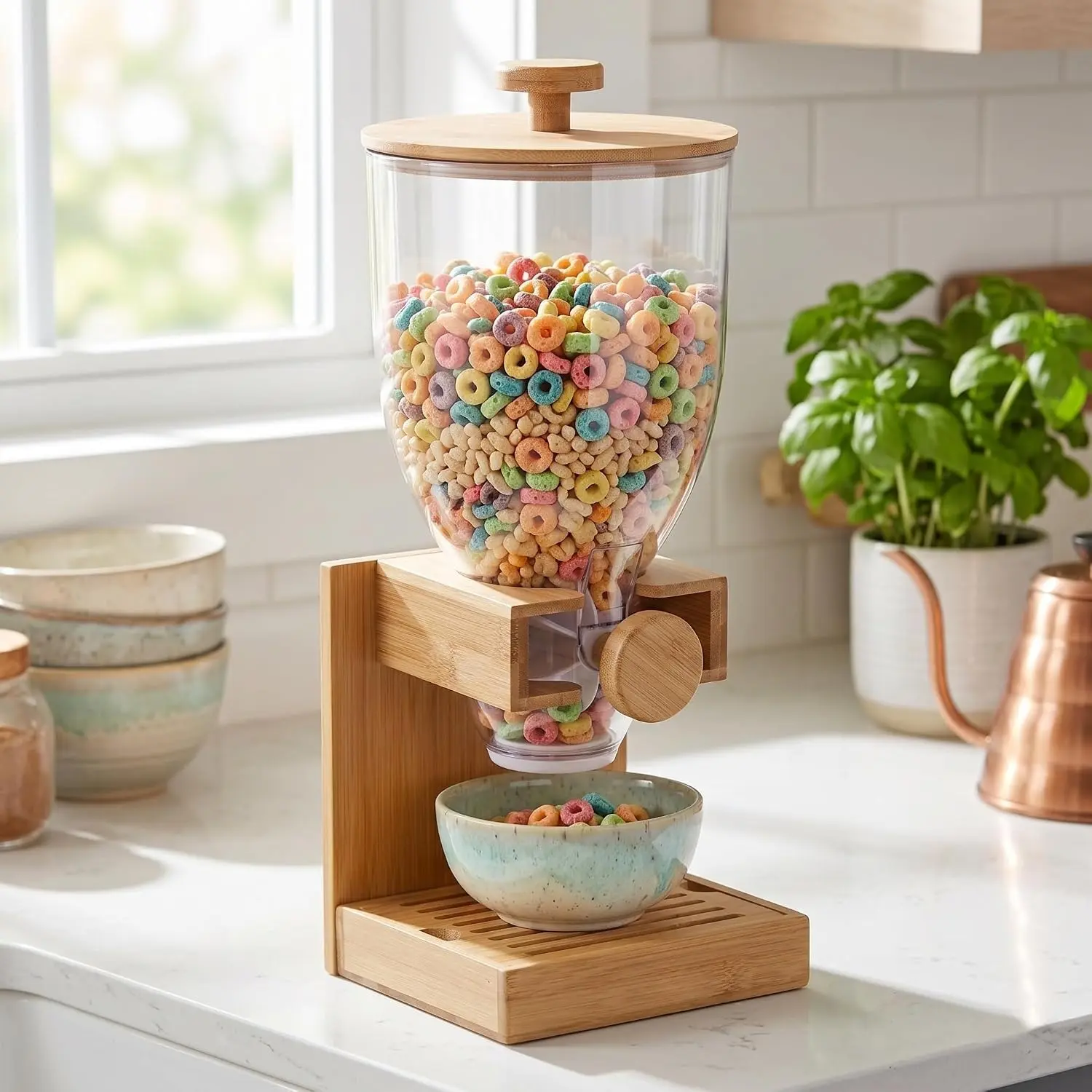 Bamboo countertop cereal dispenser, 3.5L kitchen storage container for cereals, snack storage box, suitable for pantry and kitchen organization, can store oatmeal, nuts, granola, candy, rice, dog food, bird feed, and more.