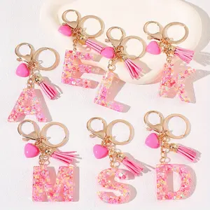 1pc Pink Heart Tassel Resin Keychain with Alphabet Charm, A-Z Letter Key Ring, Lobster Clasp, Decorative Ladies Keychain, Keychain for Bags for Birthday Festival Gift, Keychain Kawaii