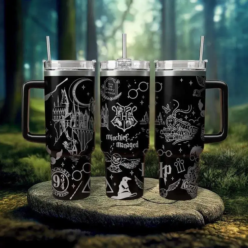 40oz Magic Wizard Tumbler Stainless Steel Double Wall Insulated Cup with Handle and Straw, Fantasy Gift for Wizard Lovers