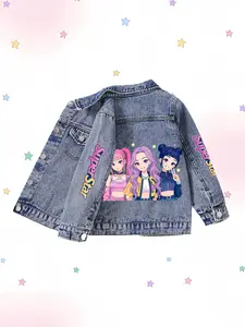 Superstar Idol Style Denim Jacket for Girls, Cartoon Print Casual Loose-Fit Jacket, All-Season Fashion Anime Character Coat