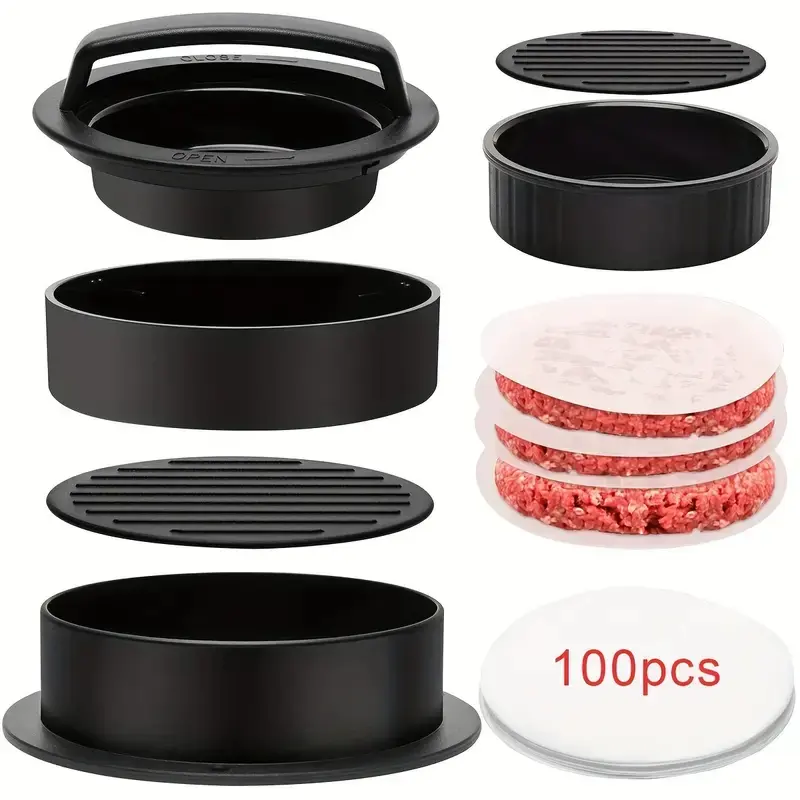 Hamburger Press Mold, Burger Patty Maker with 100 Sheets Hamburger Paper, Non-Stick Sliding Shaped Molded Beef Hamburger Press (), BBQ Grilling Filling Burger Press, Cooking Utensils, Barbecue Accessories, Kitchen Tool, Kitchen Gadget, Meat Press Mold