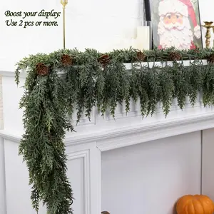 72" Artificial Cedar Garland with 10 artificial pine cones Real Touch Winter Cedar Garland, Green Artificial Greenery Pine Garland for Table, Mantle, Wall, Indoor, Outdoor Christmas Decorations