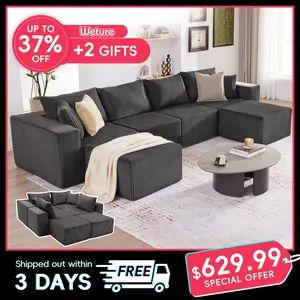 【3 packages】135.4" Cloud Couch Sectional, Modular Sofa with Deep Seat, Plush Corduroy L Shaped Boneless Couch, Convertible Sectional Couches for Living Room, 5Seat